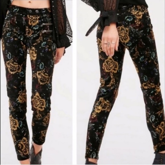 Free People Lennon Retro Velvet Skinny Pants Floral Embroidered Boho Size‎ 8